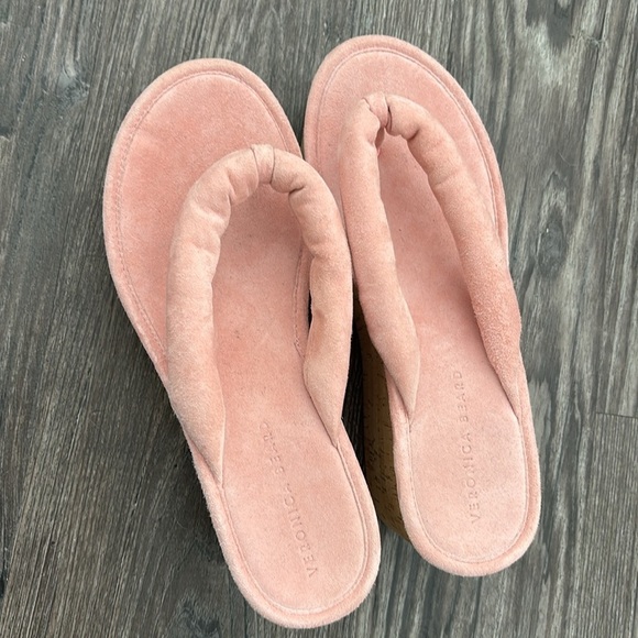 Veronica Beard Cork Platform Wedge Flip Flop Sandal in Pink Suede - Picture 3 of 5